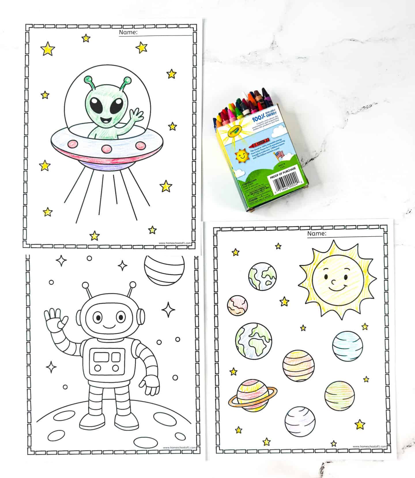 Free printable outer space coloring pages with a friendly alien in a UFO, a robot on the moon, and planets with a smiling sun.
