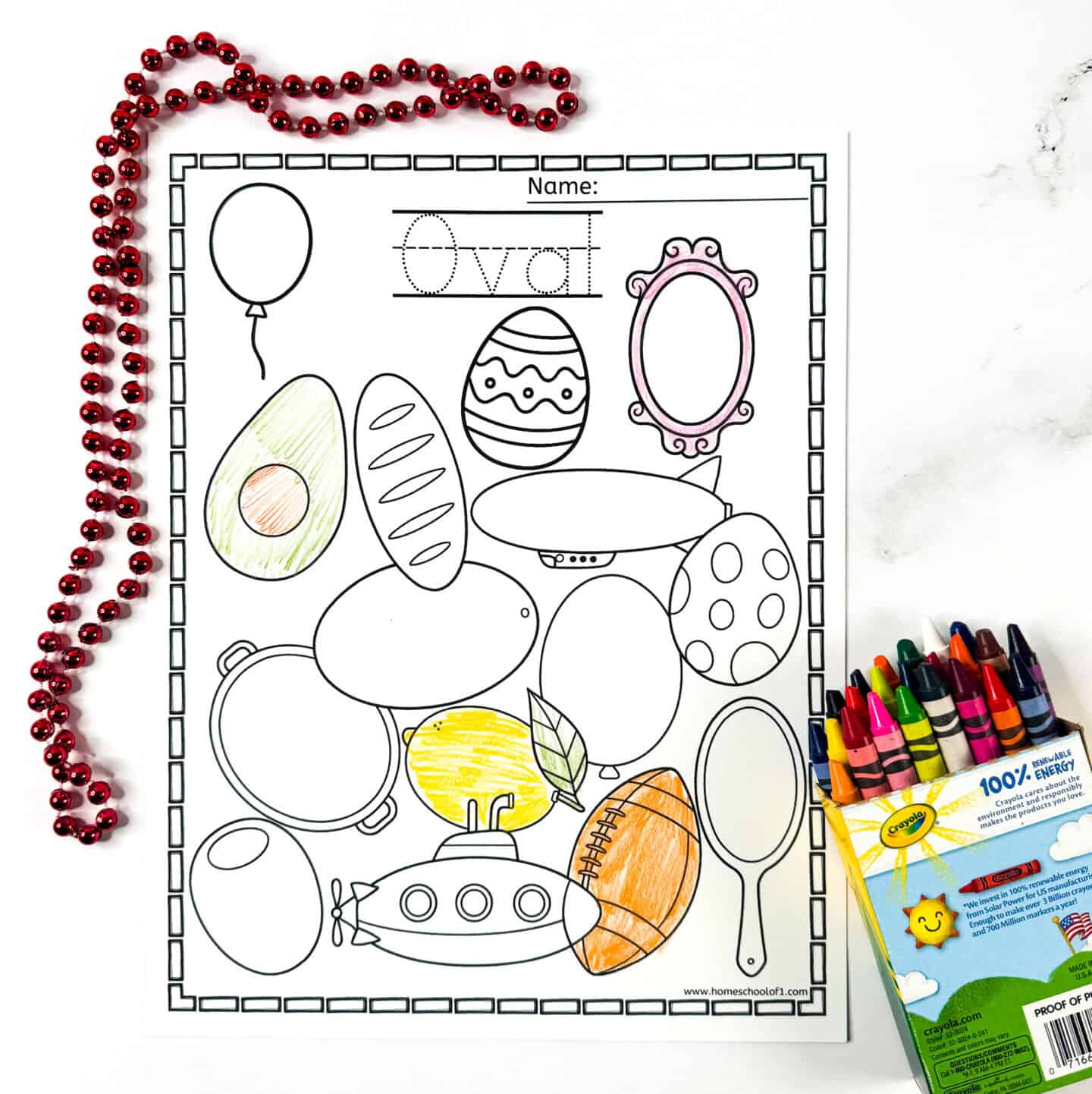 Printable oval coloring page for kids with balloons, avocados, eggs, mirrors, football, submarine, and other oval-shaped objects.