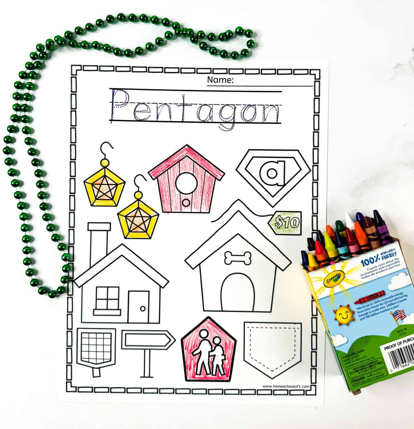 Printable pentagon coloring page for kids featuring lanterns, birdhouse, house, sign, doghouse, badge, and other five-sided objects.