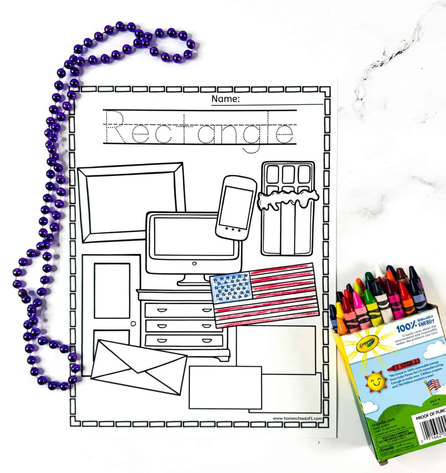 Printable rectangle coloring page for kids with doors, books, phone, American flag, dresser, envelope, and other rectangular objects.