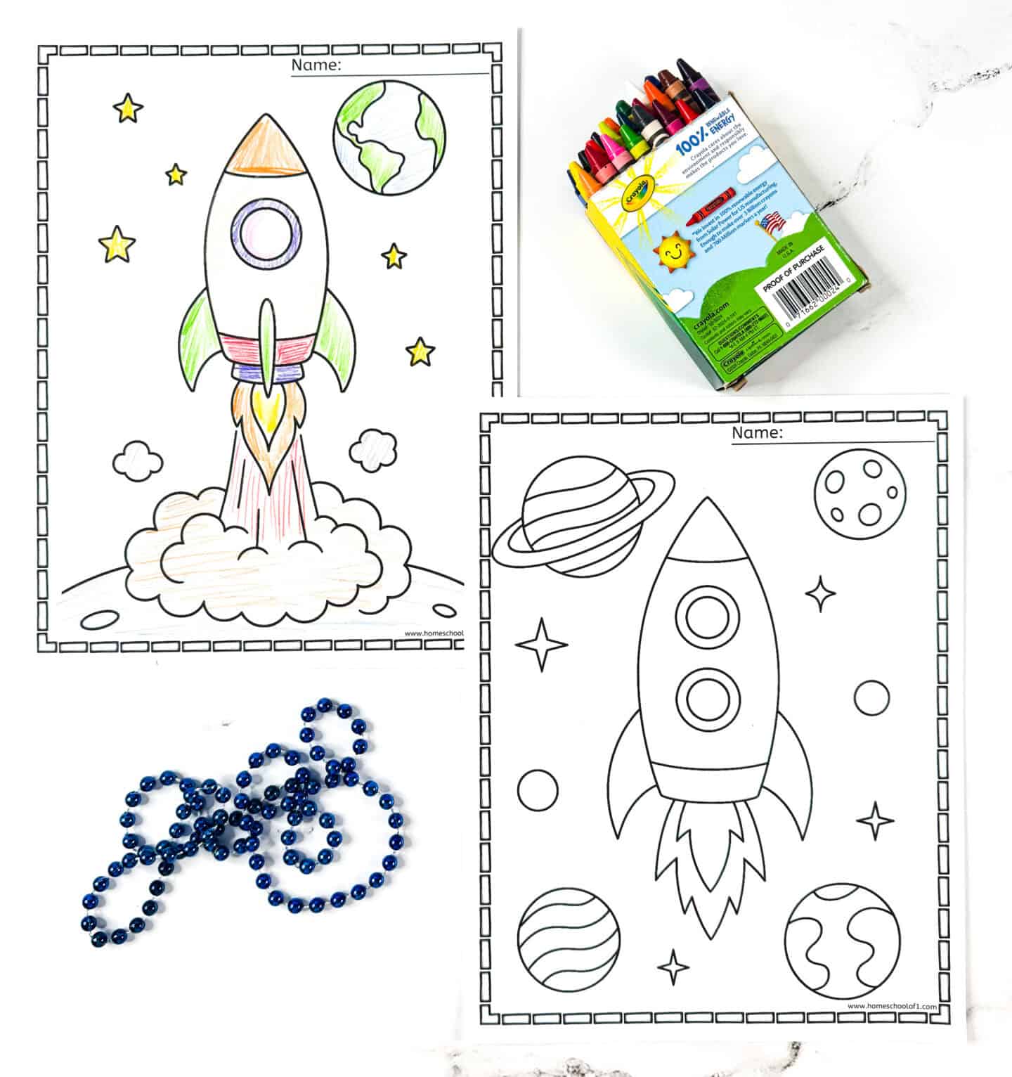 Free rocket coloring pages with rockets blasting off into space surrounded by planets and stars.