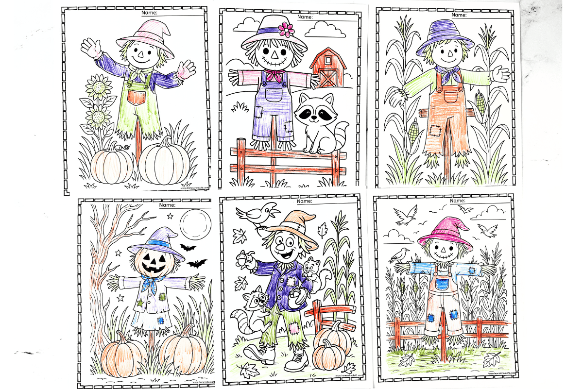 Colored scarecrow coloring pages for kids showing pumpkins, raccoons, barns, and cornfields.