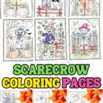 Scarecrow coloring pages featuring pumpkins, barns, raccoons, and cornfields for fall kids’ activities.