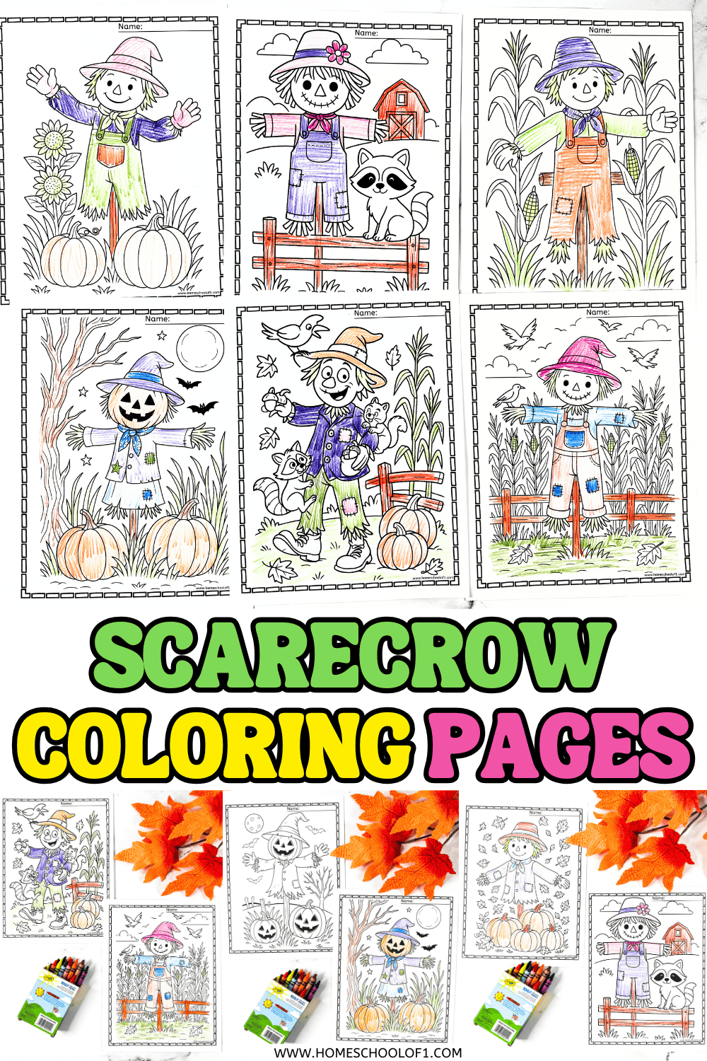 Scarecrow coloring pages featuring pumpkins, barns, raccoons, and cornfields for fall kids’ activities.