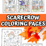 Printable scarecrow coloring pages for kids with pumpkins, raccoons, and autumn leaves.
