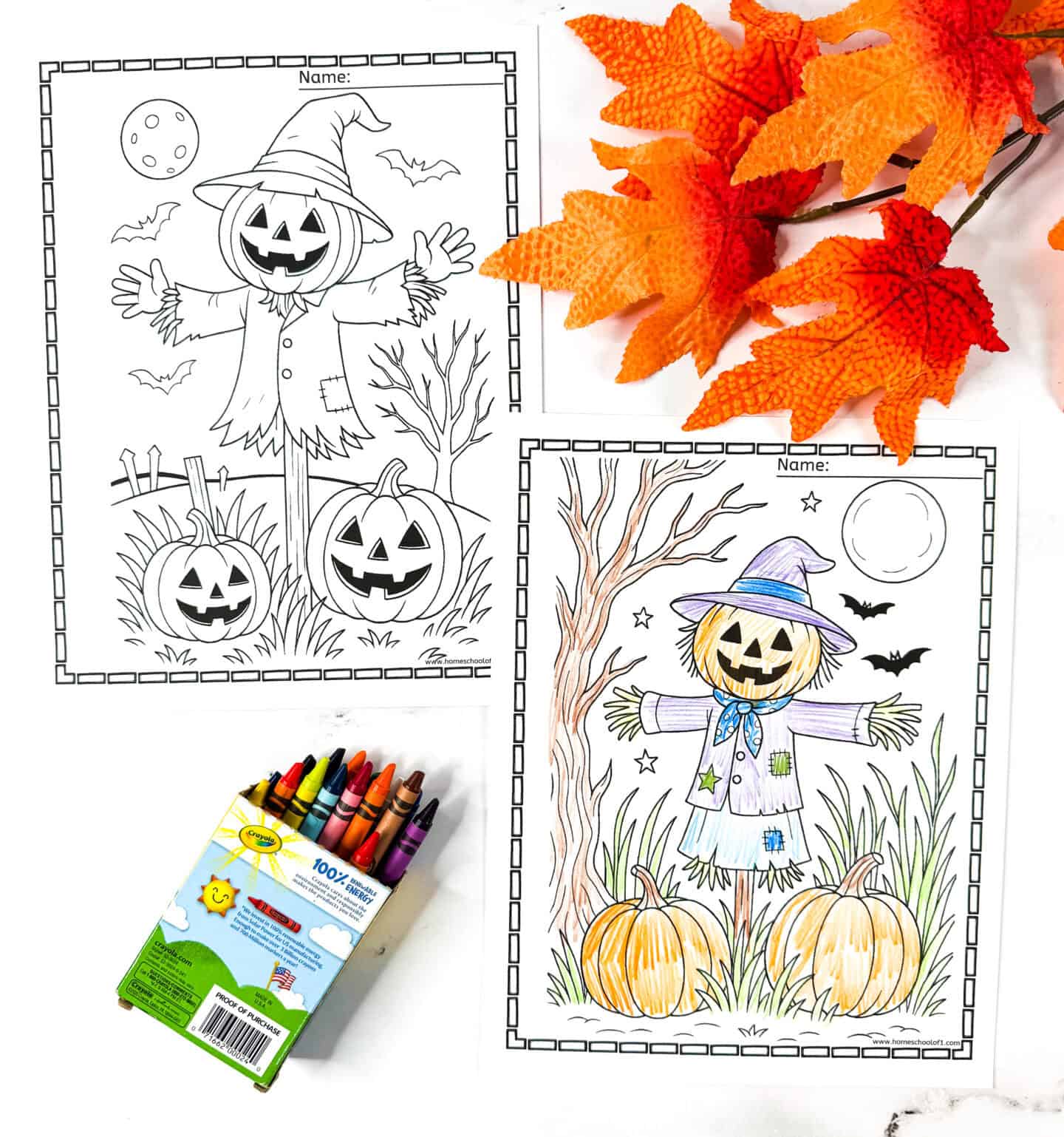 Scary scarecrow coloring pages with pumpkin heads, bats, and spooky Halloween night scenes.