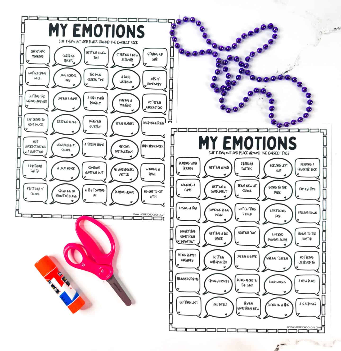 Printable emotions worksheet featuring cut-and-paste activity pages with real-life scenarios for children to match with different feelings.