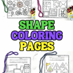 Four printable shape coloring pages for kids showing circle, square, rectangle, and triangle worksheets with everyday objects to color.
