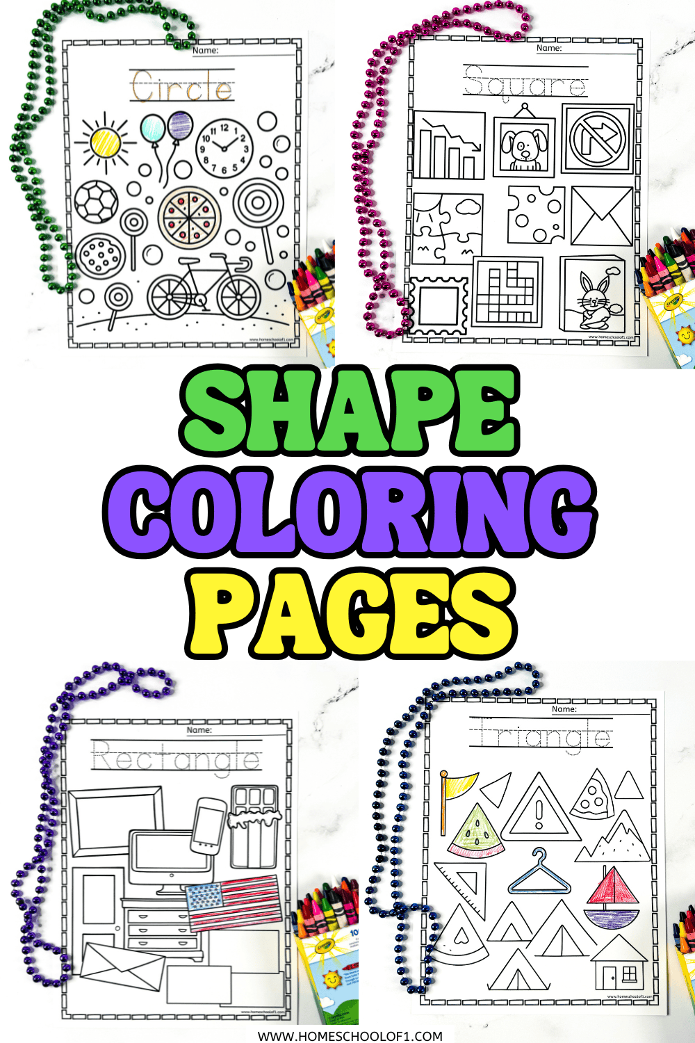 Four printable shape coloring pages for kids showing circle, square, rectangle, and triangle worksheets with everyday objects to color.