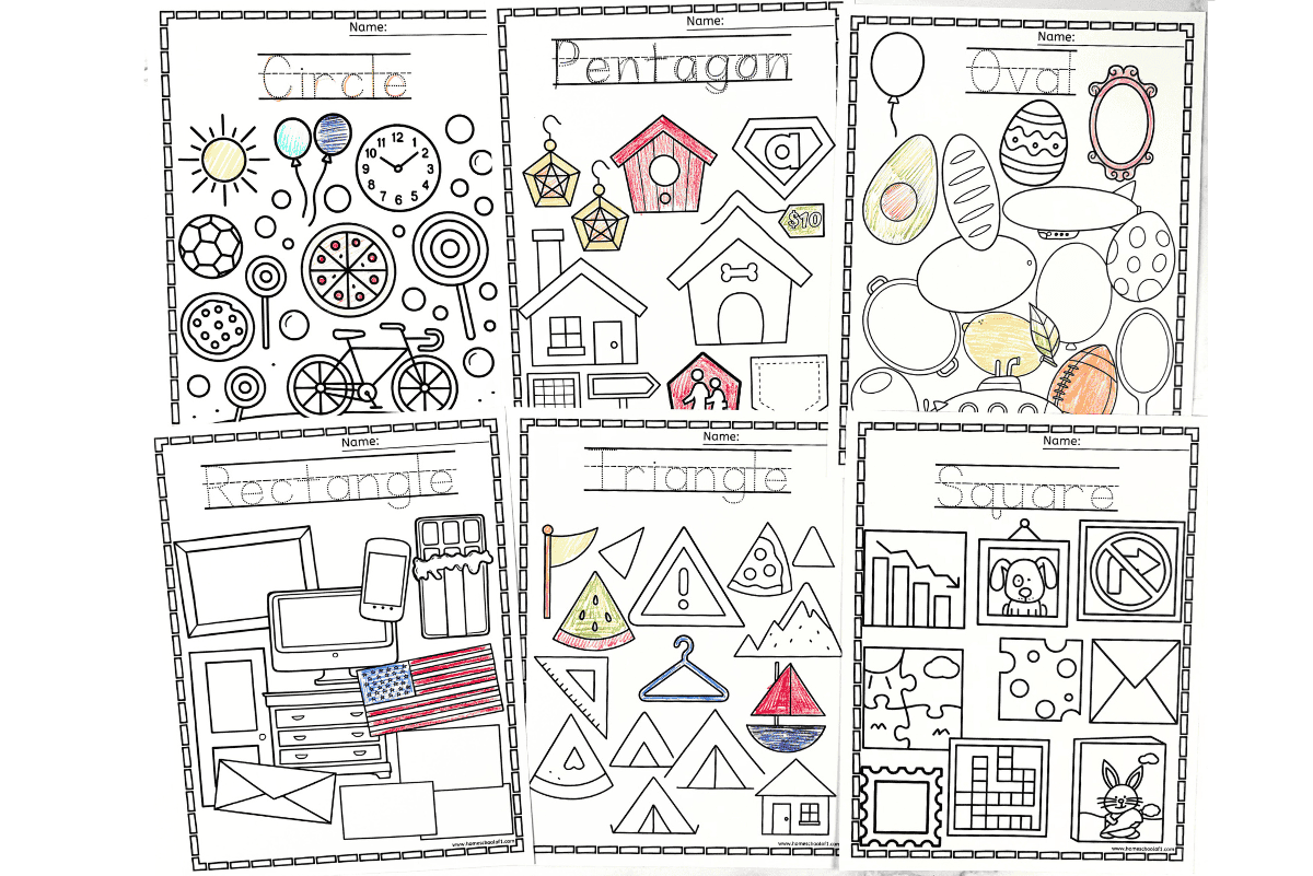 Six free printable shape coloring worksheets for kids featuring circle, pentagon, oval, rectangle, and triangle pages partly colored in with crayons.
