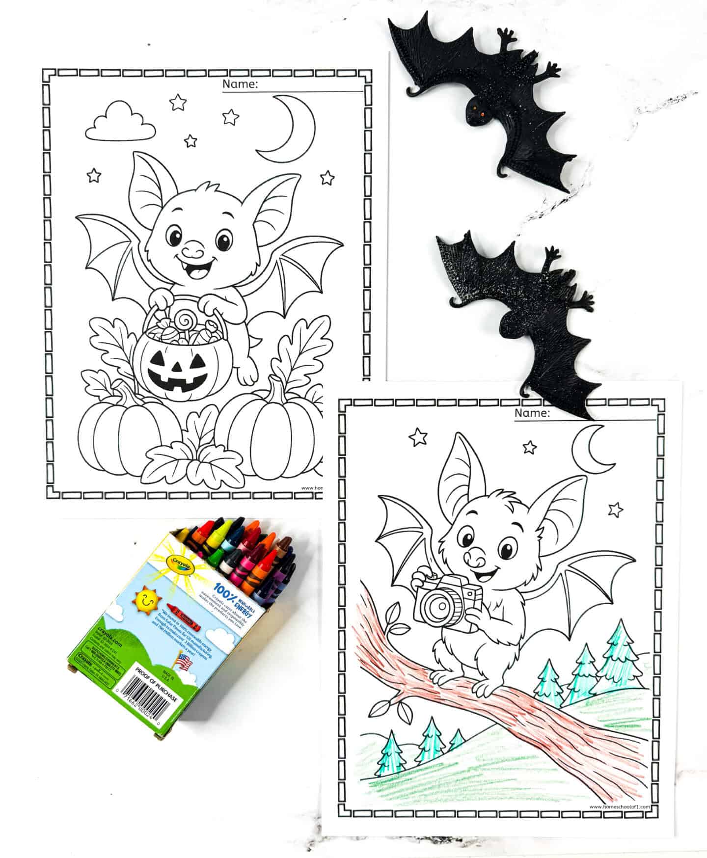 2 printable bat coloring pages for children—one bat holding a pumpkin basket filled with candy, the other sitting on a tree branch with a camera. Includes a crayon box and plastic bats for decoration.