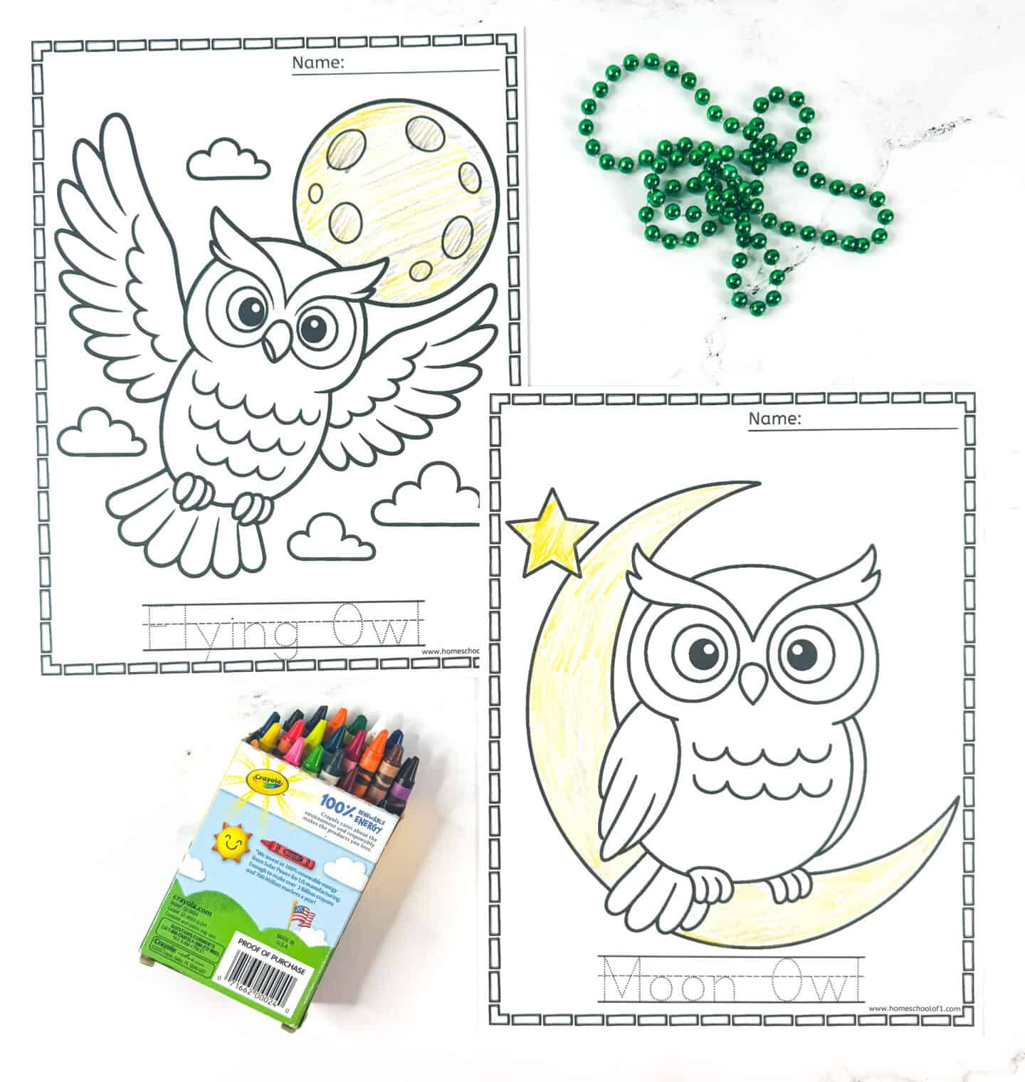 Two printable owl coloring pages, one with a flying owl in front of the moon and the other with a moon owl sitting on a crescent moon, shown partly colored with crayons and a string of green beads.