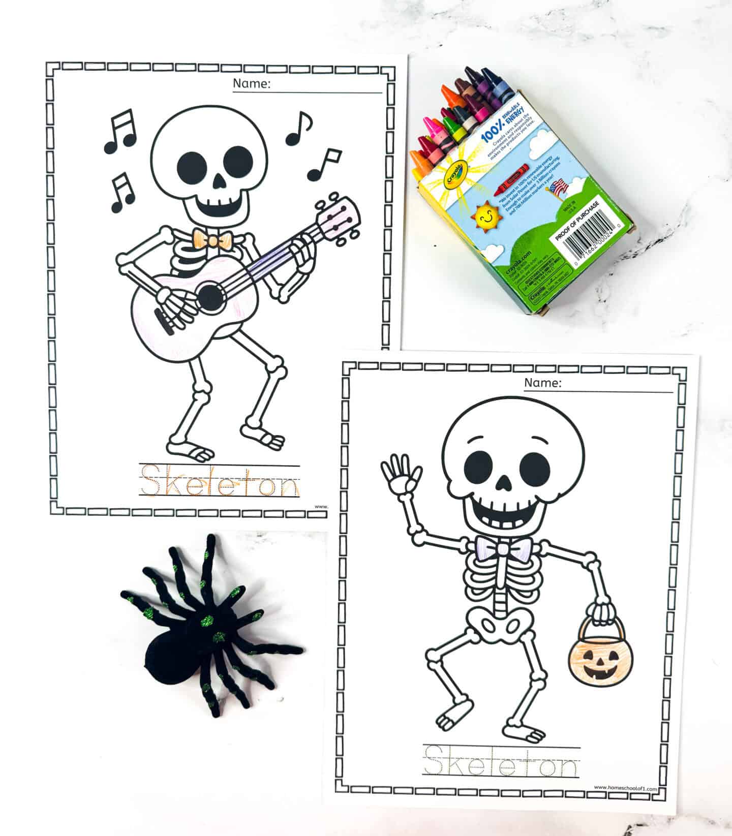 Free spooky skeleton coloring pages for kids, including a skeleton playing guitar and one trick-or-treating with a pumpkin bucket.