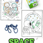 Printable space coloring pages showing two astronauts having a picnic on the moon and an astronaut looking out a space station window at Earth.