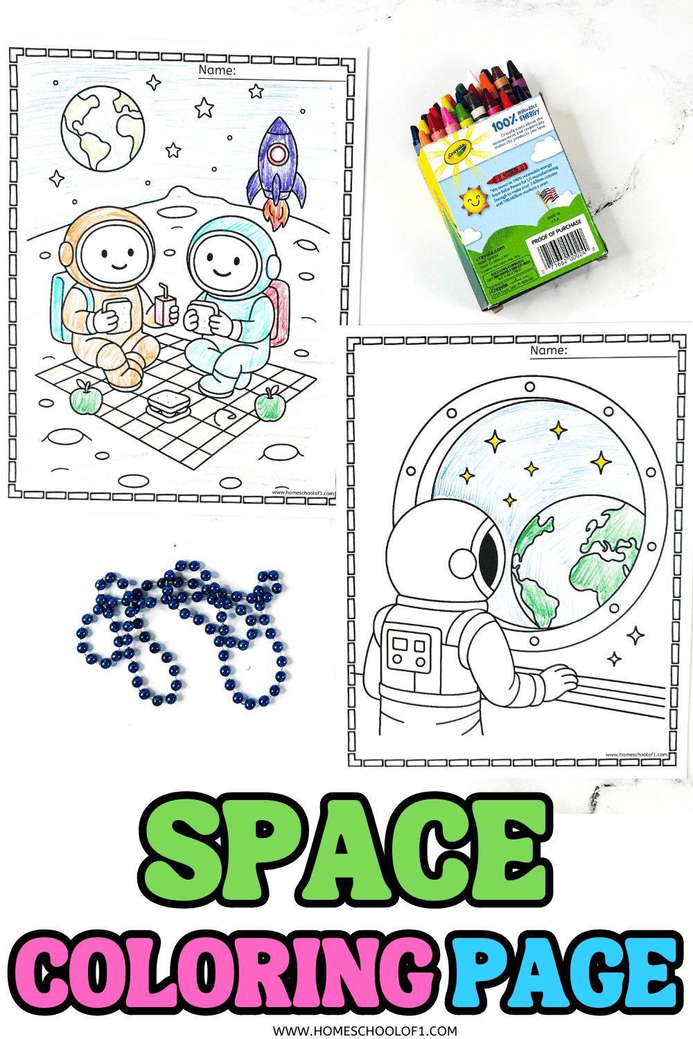Printable space coloring pages showing two astronauts having a picnic on the moon and an astronaut looking out a space station window at Earth.