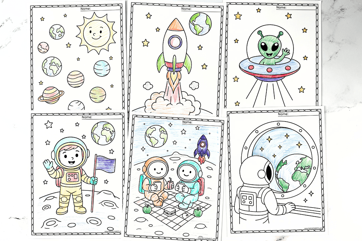 Set of six space coloring pages featuring rockets, planets, aliens, astronauts, and Earth from space.
