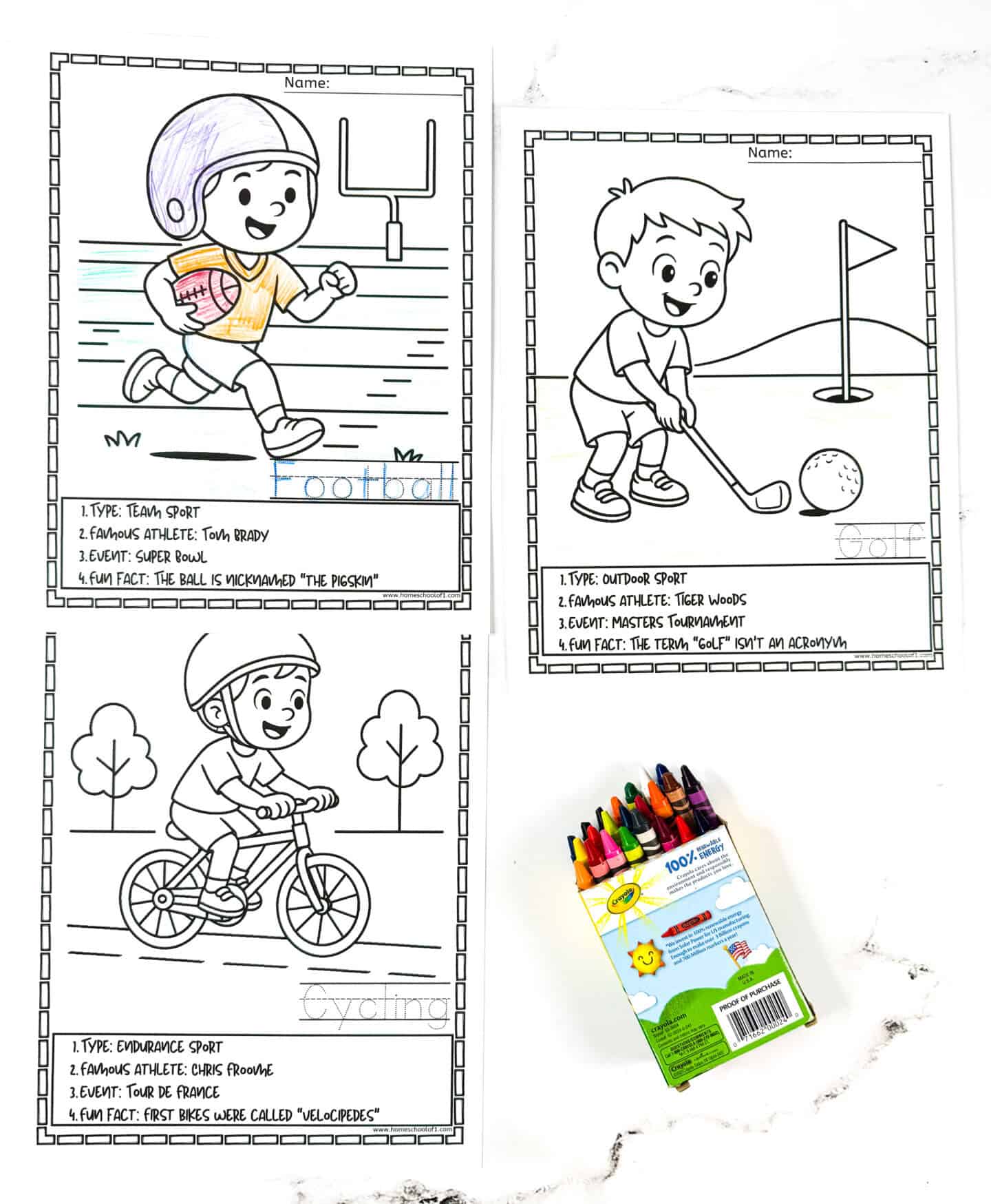 Kids’ sports coloring page set featuring football, golf, and cycling with major events and athlete details to color and learn.