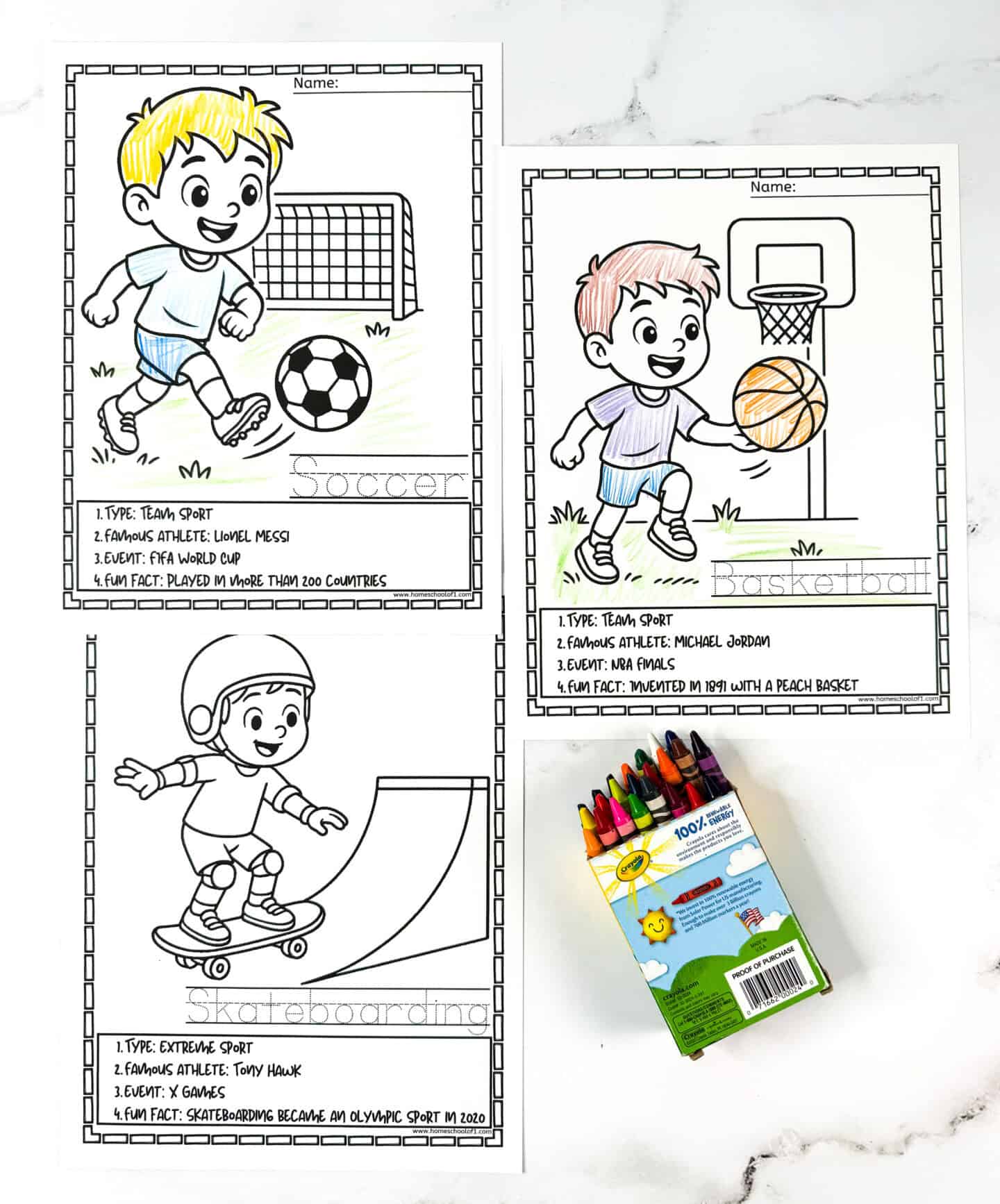 Sports coloring pages for children with soccer, basketball, and skateboarding illustrations, athlete highlights, and fun facts.
