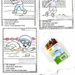 Sports coloring page printables featuring baseball, volleyball, and swimming with athlete facts and fun trivia.