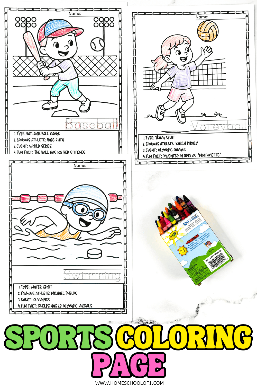 Sports coloring page printables featuring baseball, volleyball, and swimming with athlete facts and fun trivia.