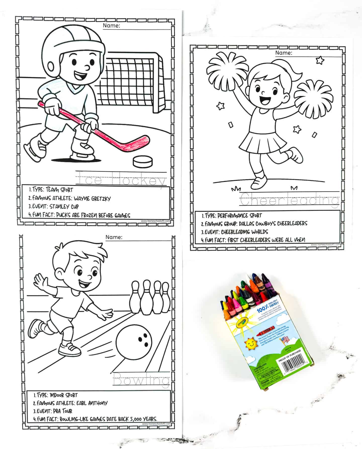 Free printable sports coloring sheets including ice hockey, cheerleading, and bowling with athlete spotlights and trivia.