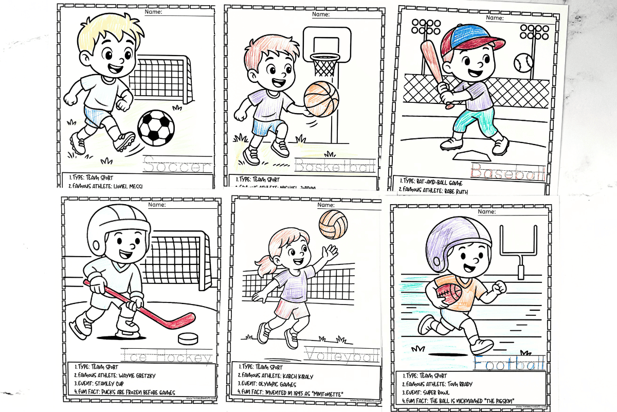 Set of free printable sports coloring pages for kids including soccer, basketball, football, baseball, ice hockey, and volleyball.