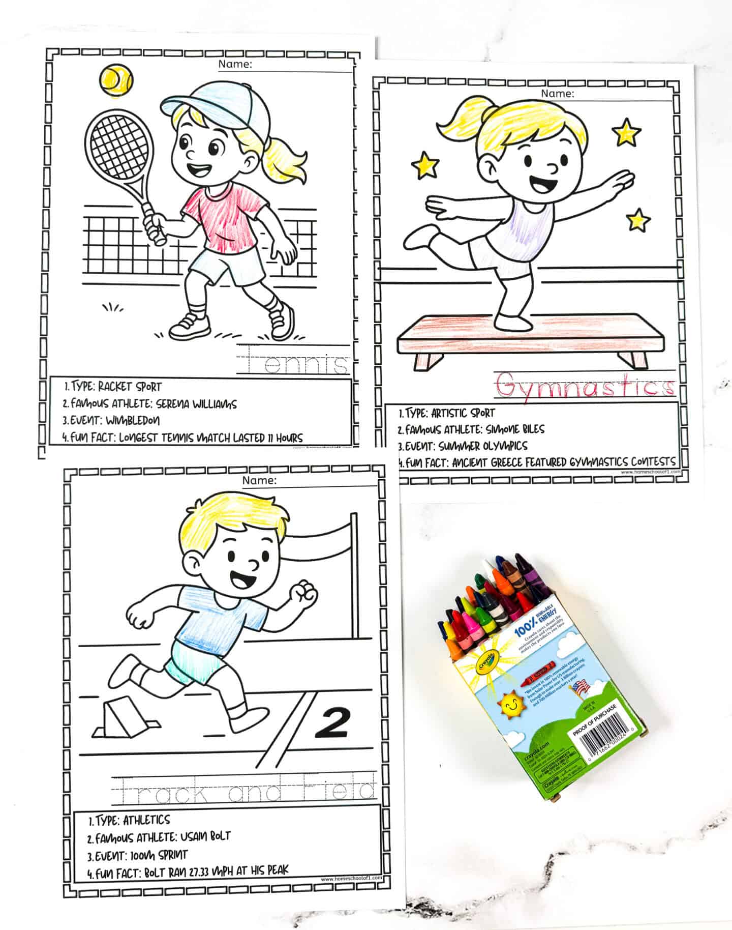 Free sports coloring pages for kids featuring tennis, gymnastics, and track & field with athlete facts and fun trivia.
