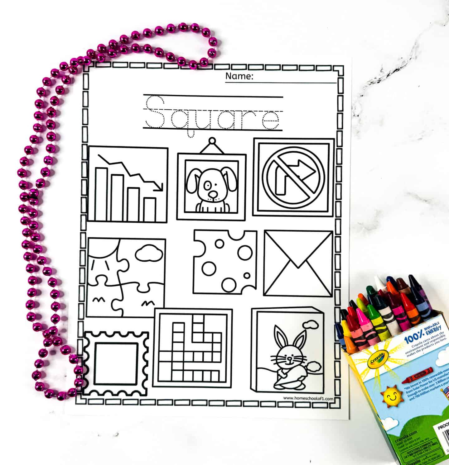 Printable square coloring page for kids featuring puzzle piece, envelope, cheese, picture frames, rabbit drawing, and other square objects.