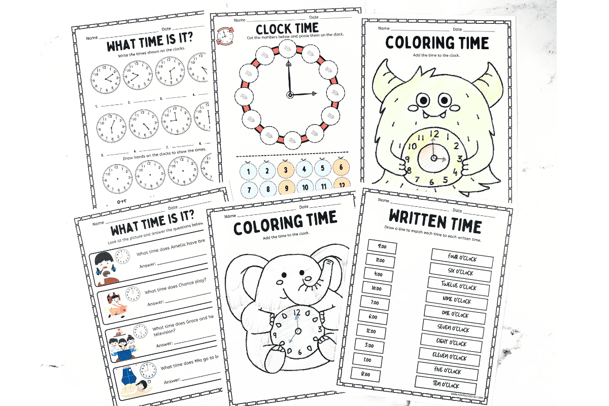 Telling the time worksheets for kids with drawing, matching, and coloring activities focused on reading clocks.