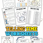 Printable telling time worksheets for kids including cut and paste clocks, coloring pages, and written time activities.