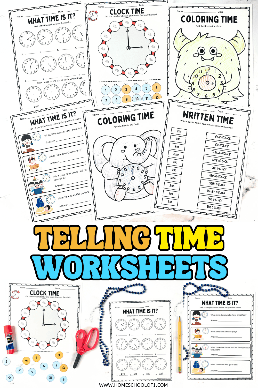 Printable telling time worksheets for kids including cut and paste clocks, coloring pages, and written time activities.