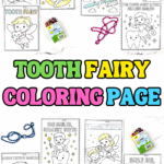 Assorted Tooth Fairy coloring pages with captions like Brush Floss and Shine and Big Smiles Healthy Teeth.
