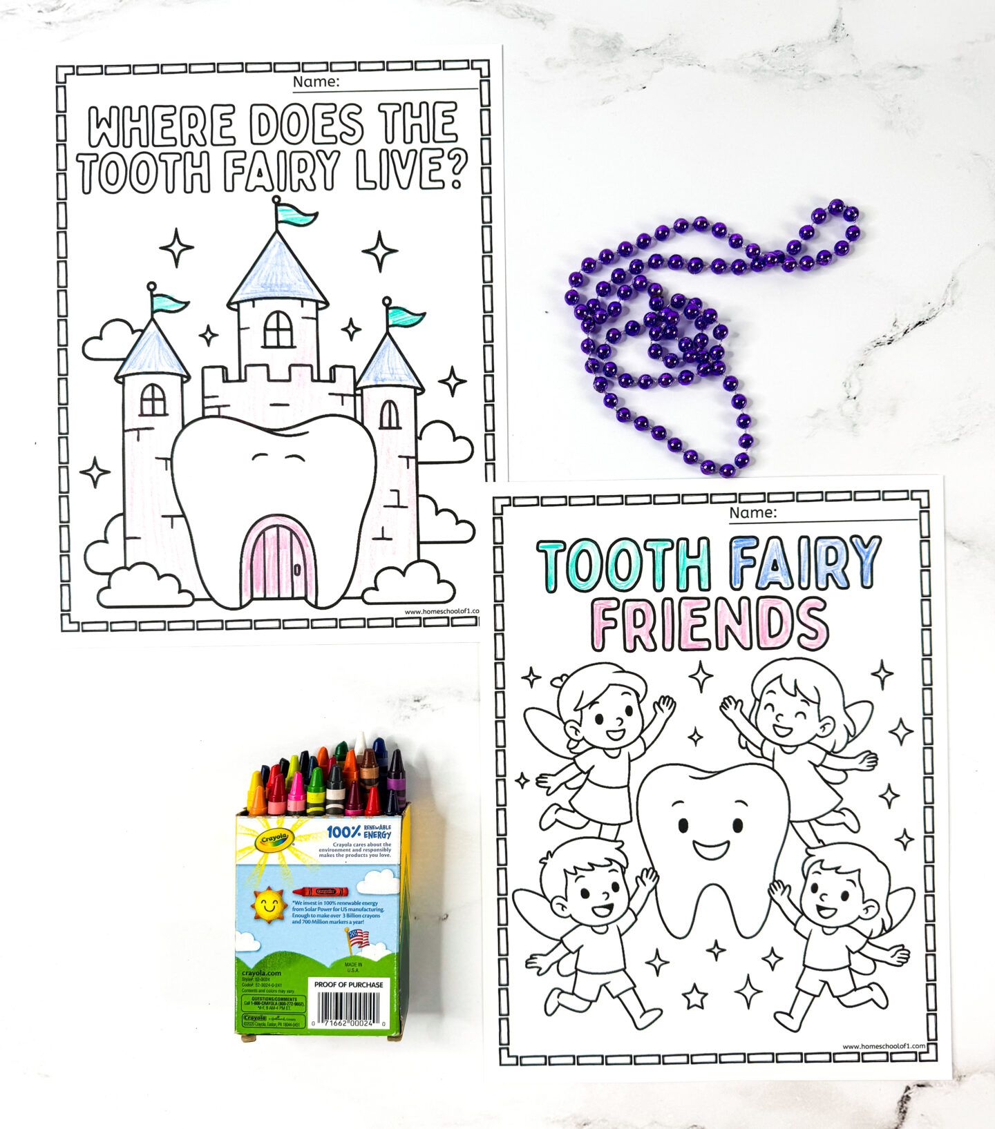 Two Tooth Fairy coloring pages for kids, including a castle with the title “Where Does the Tooth Fairy Live?” and “Tooth Fairy Friends,” displayed with crayons and purple beads.
