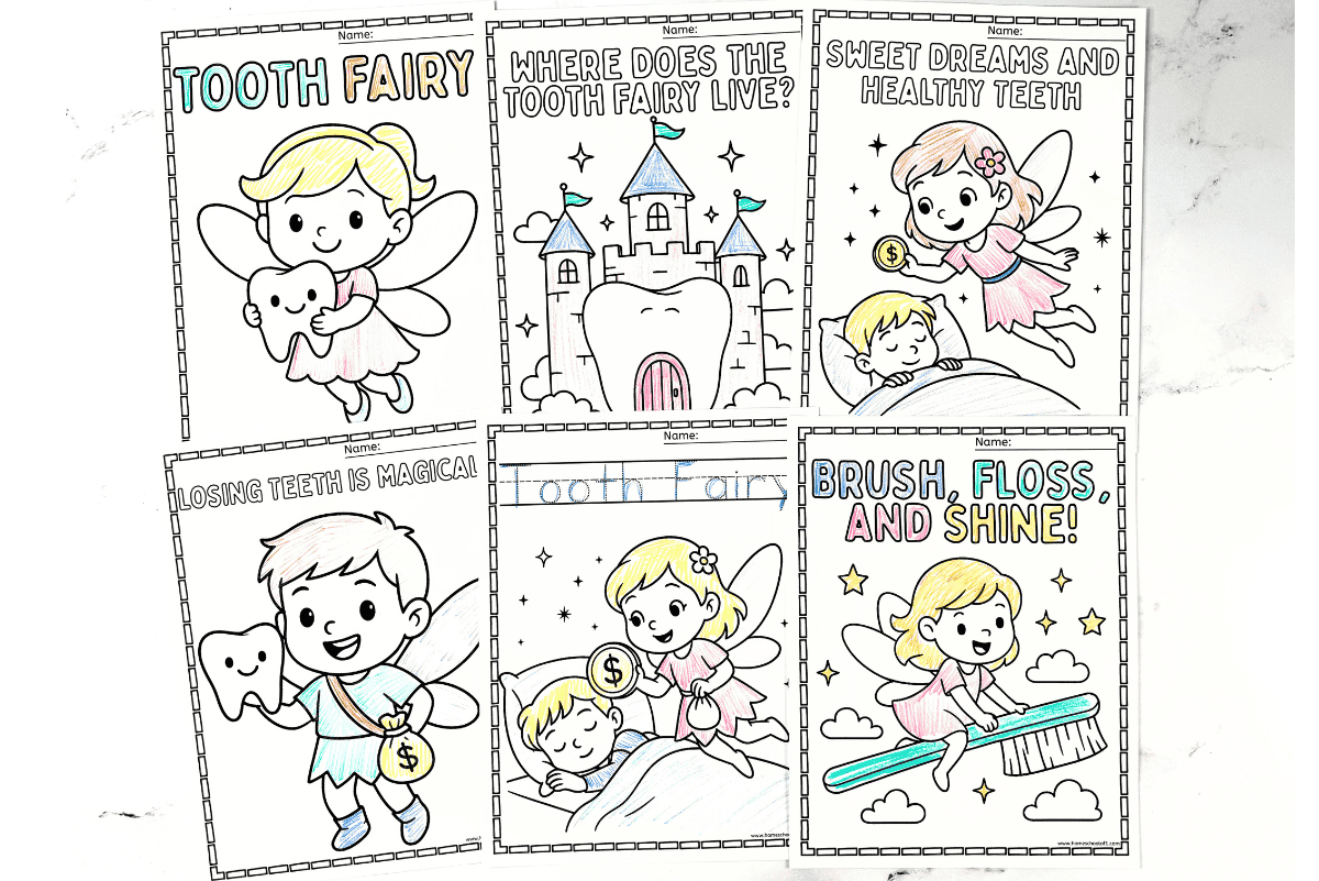 Six Tooth Fairy coloring sheets showing castles, brushing, bedtime, and fun captions.