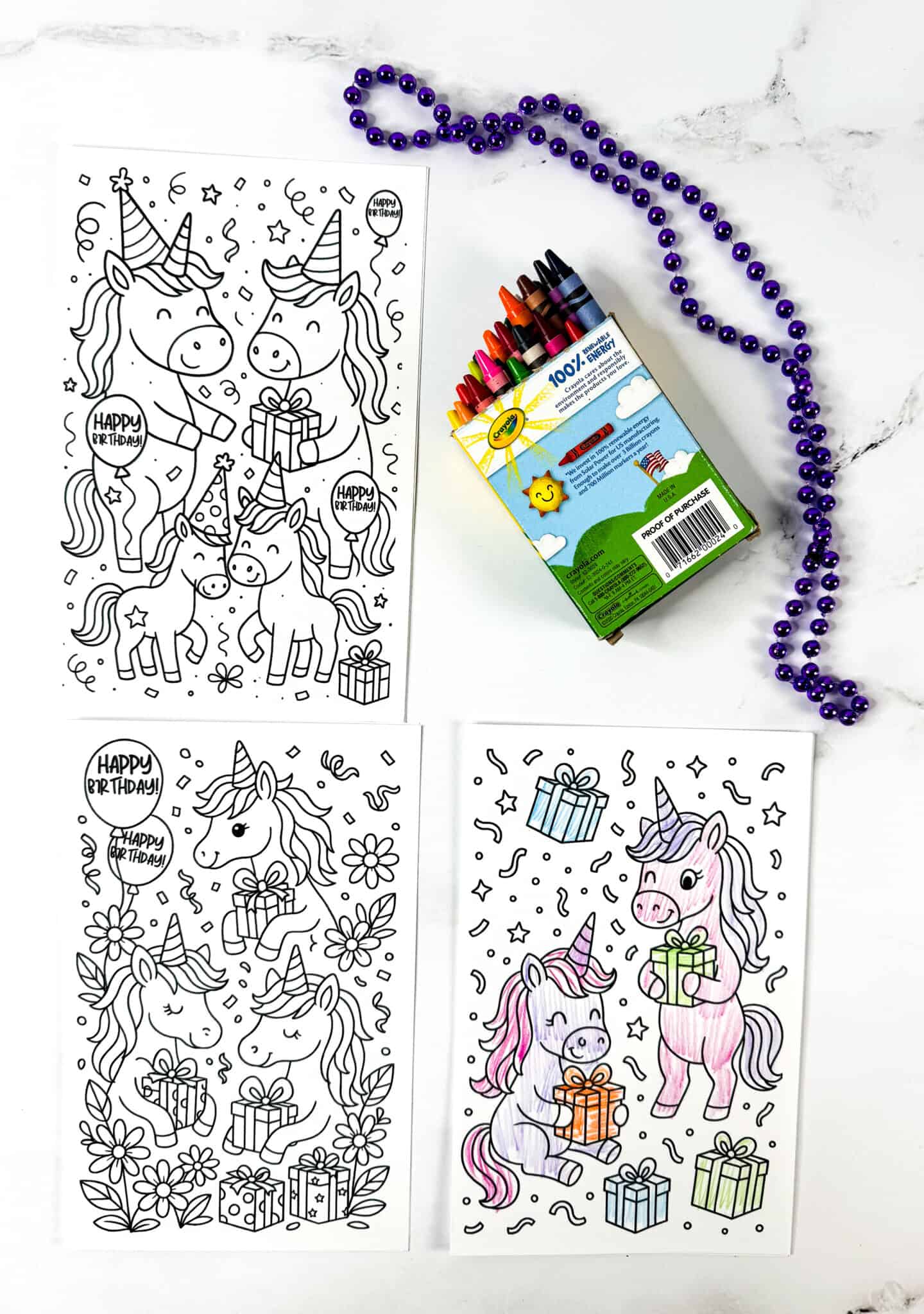 Unicorn birthday card printables with three different designs showing unicorns holding gifts, surrounded by flowers, balloons, and confetti.