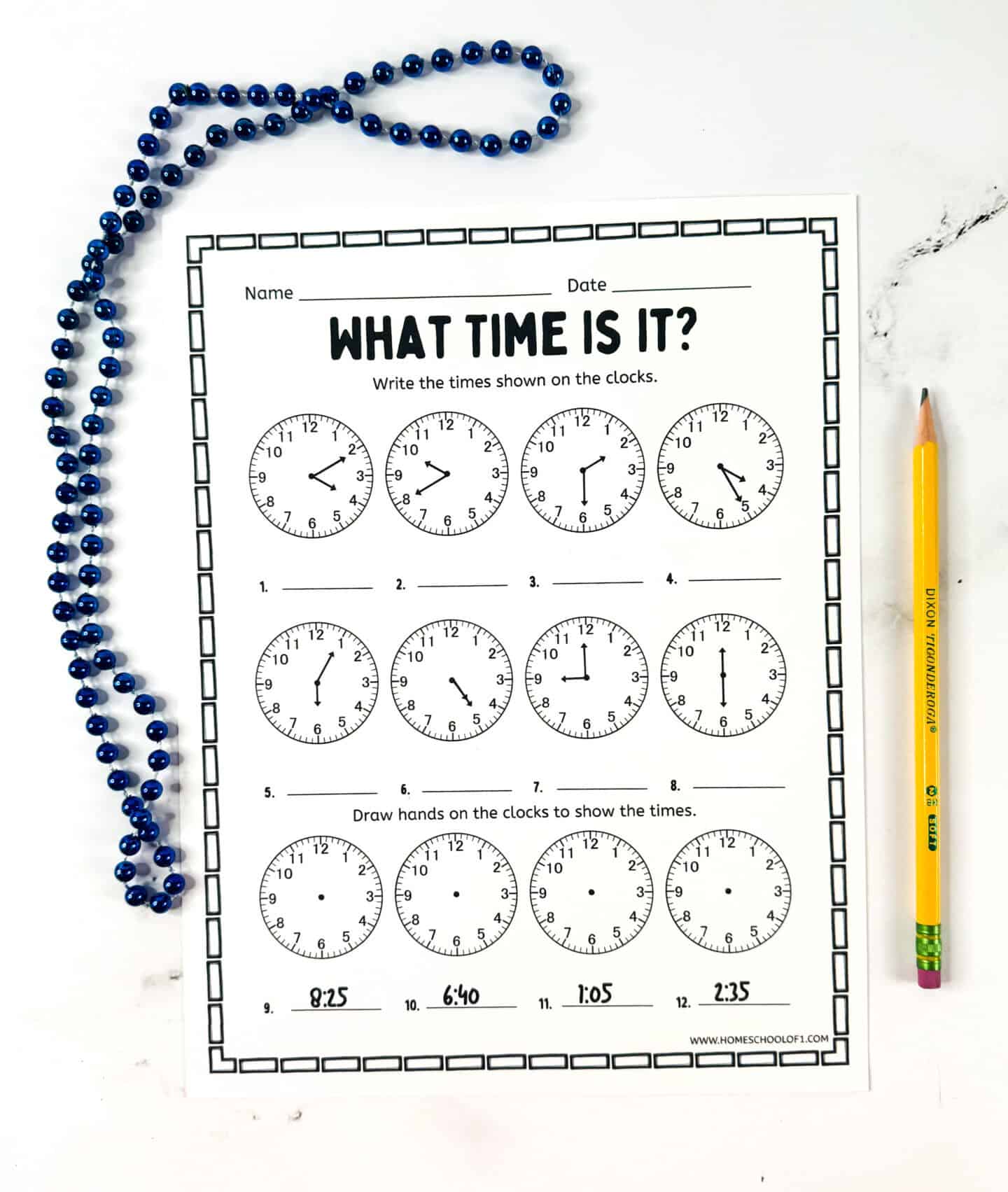Telling time worksheet with analog clocks where kids write the digital time and draw clock hands for specific times.