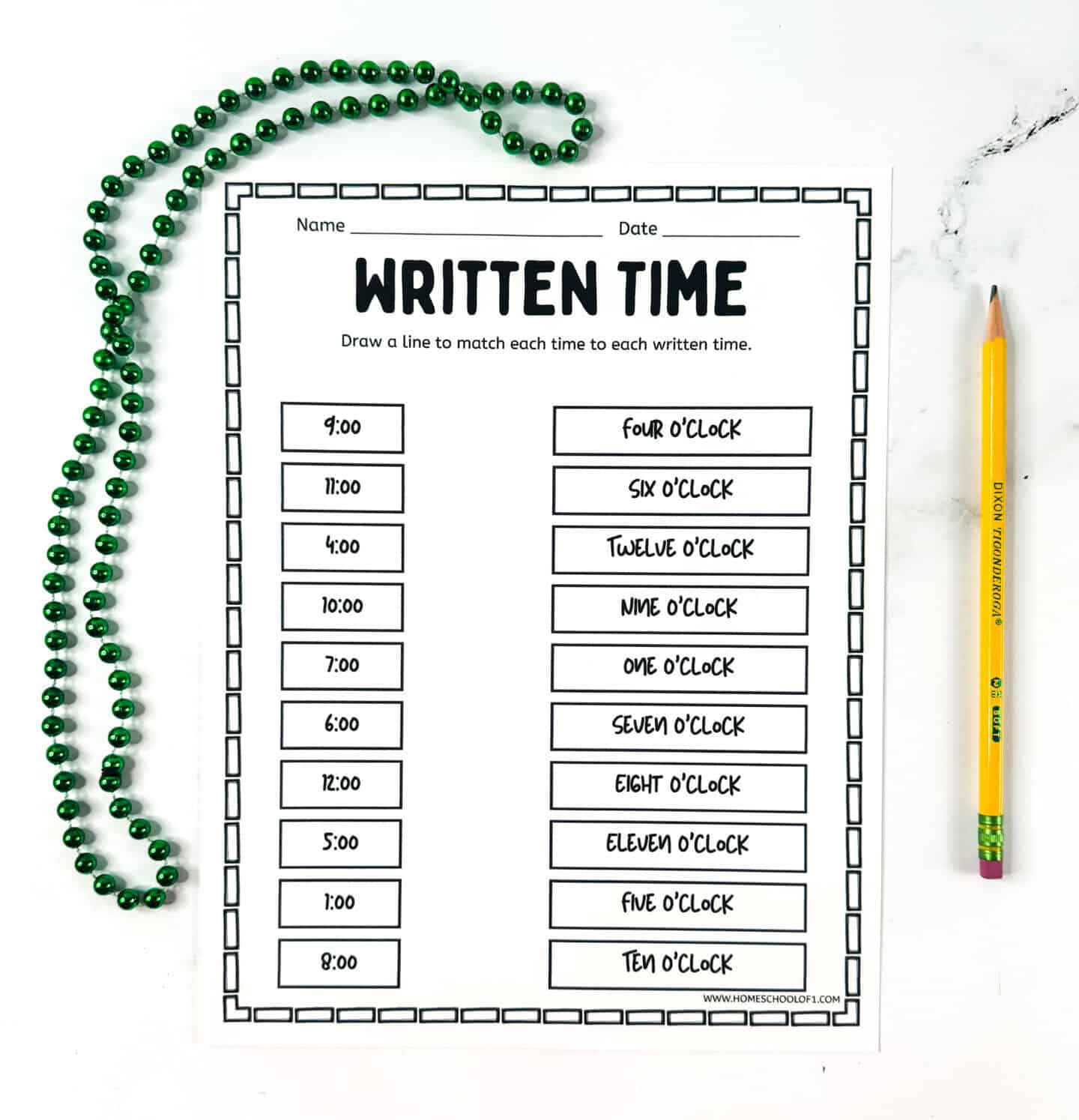 Written time matching worksheet where kids draw lines between digital times and written phrases like “Four o’clock” or “Ten o’clock.”