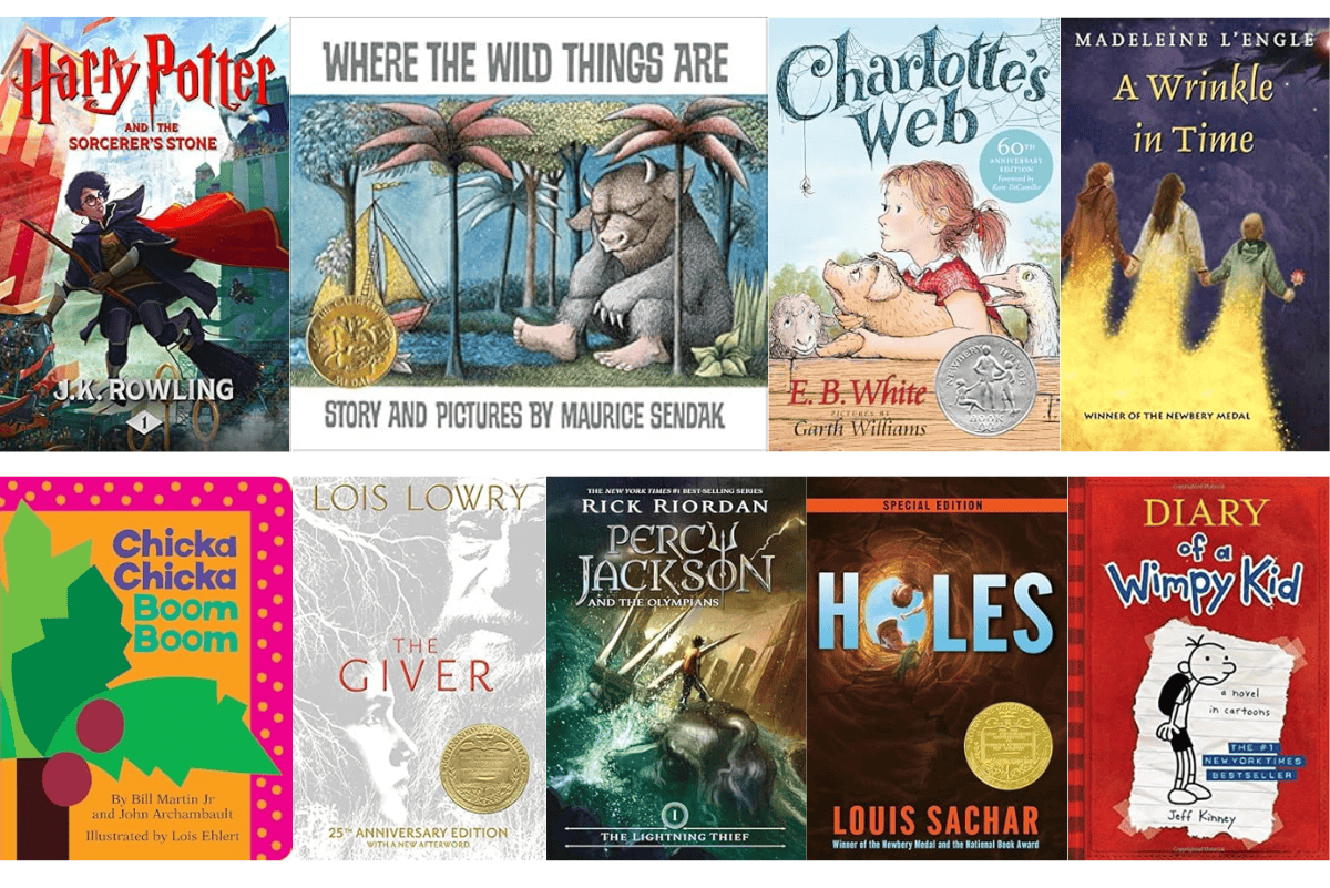 Collage of popular children’s book covers including Harry Potter, Charlotte’s Web, The Giver, Holes, and Diary of a Wimpy Kid.