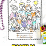 Collection of family coloring pages showing relatives like aunt, cousin, grandad, sister, dad, and a full family group, ideal for preschool learning activities.