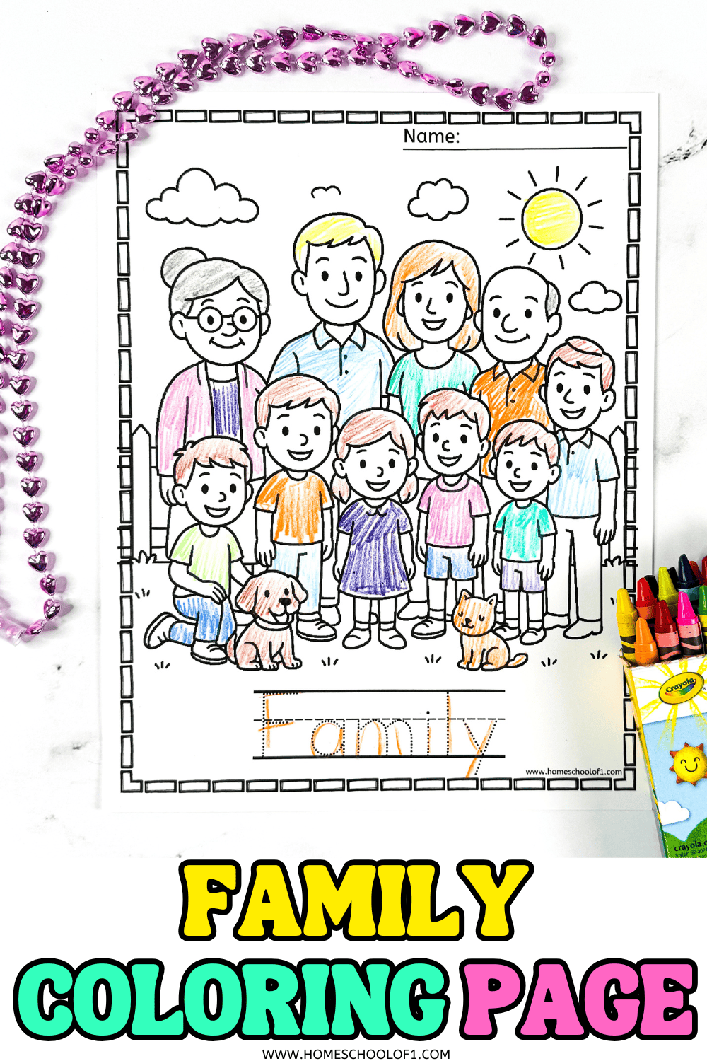 Collection of family coloring pages showing relatives like aunt, cousin, grandad, sister, dad, and a full family group, ideal for preschool learning activities.
