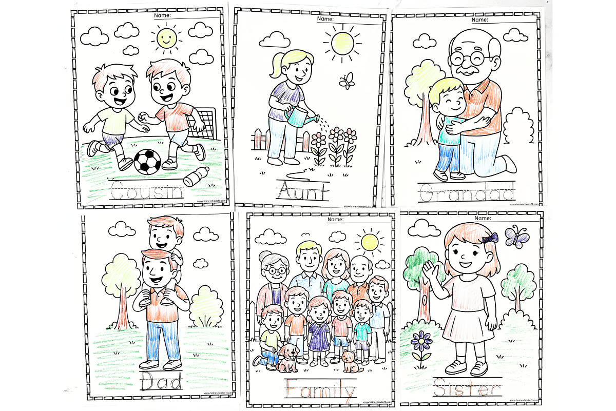 Set of family member coloring sheets including mom, dad, aunt, grandad, cousin, sister, and full family, colored with crayons for classroom or homeschool activities.