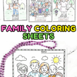 Free printable family coloring sheets featuring mom, dad, and child illustrations for preschool and kindergarten students.