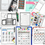 A collage of free reading printables including book reports, bookmarks, reading logs, a word search, and a book scavenger hunt.