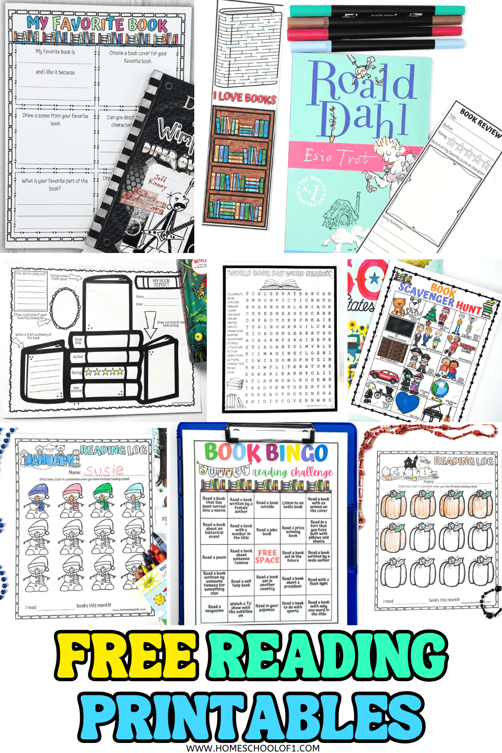 A collage of free reading printables including book reports, bookmarks, reading logs, a word search, and a book scavenger hunt.