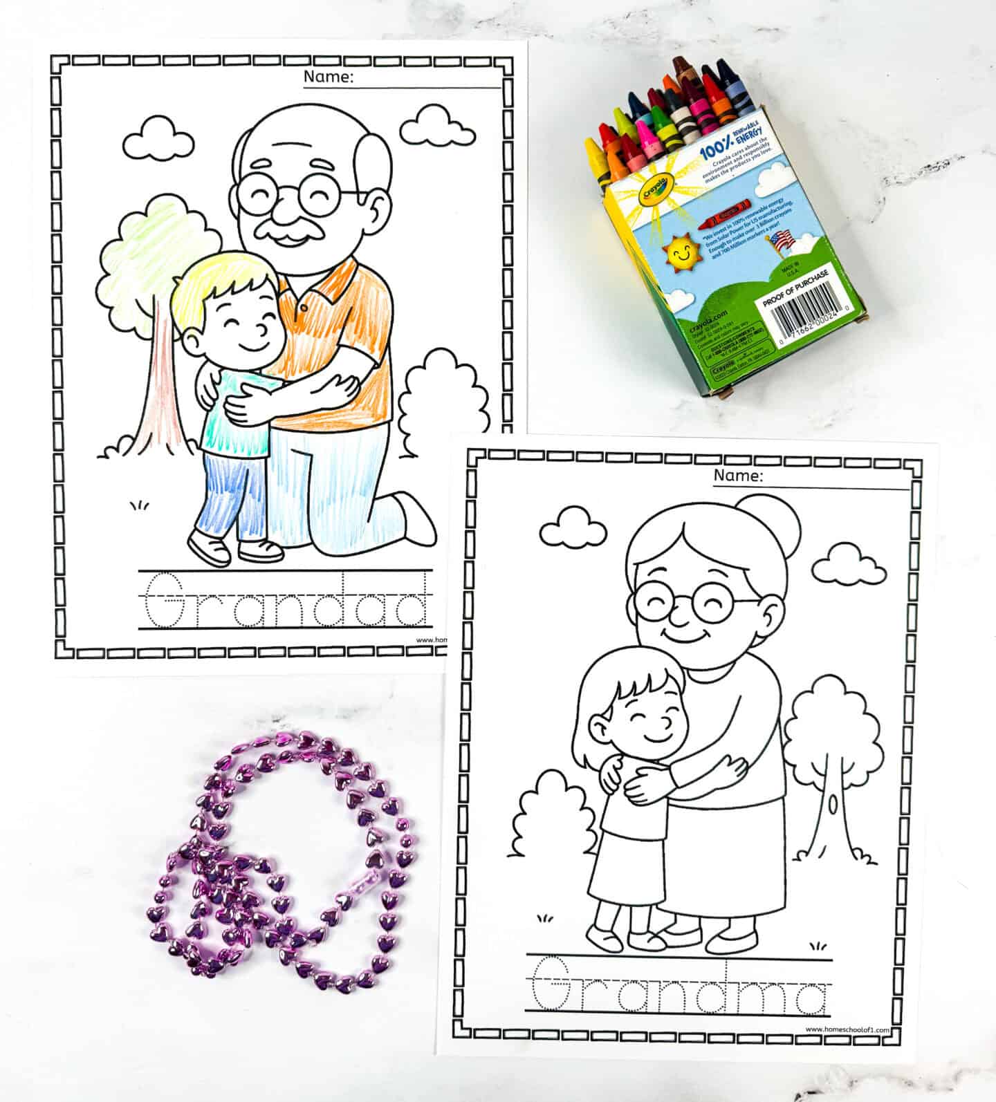 Free printable grandad and grandma coloring pages for preschoolers, with one page colored and the other uncolored, shown with crayons and a purple bead chain.