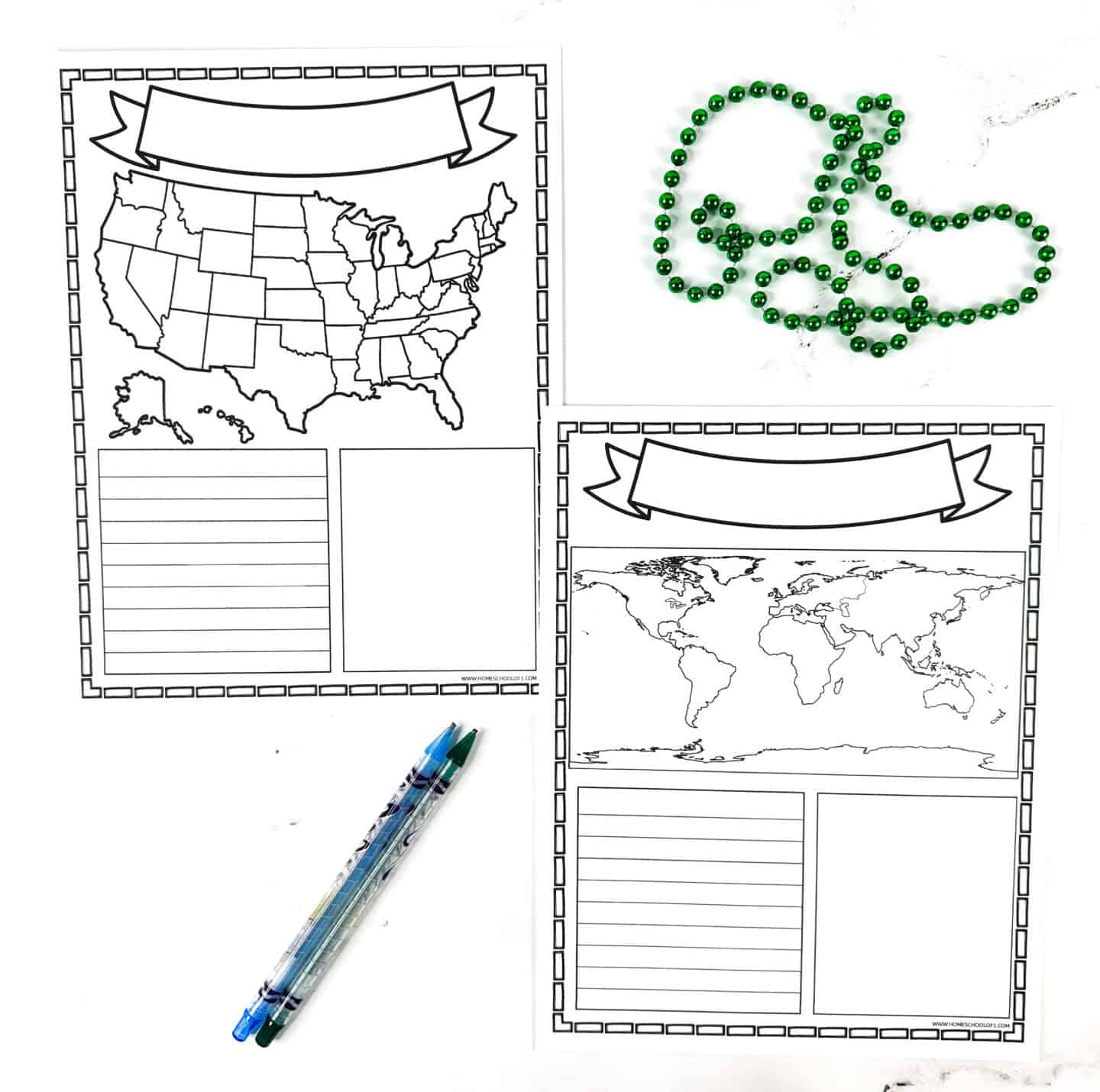 Printable U.S. and world map notebooking pages with lined sections for geography, research, or cultural studies.