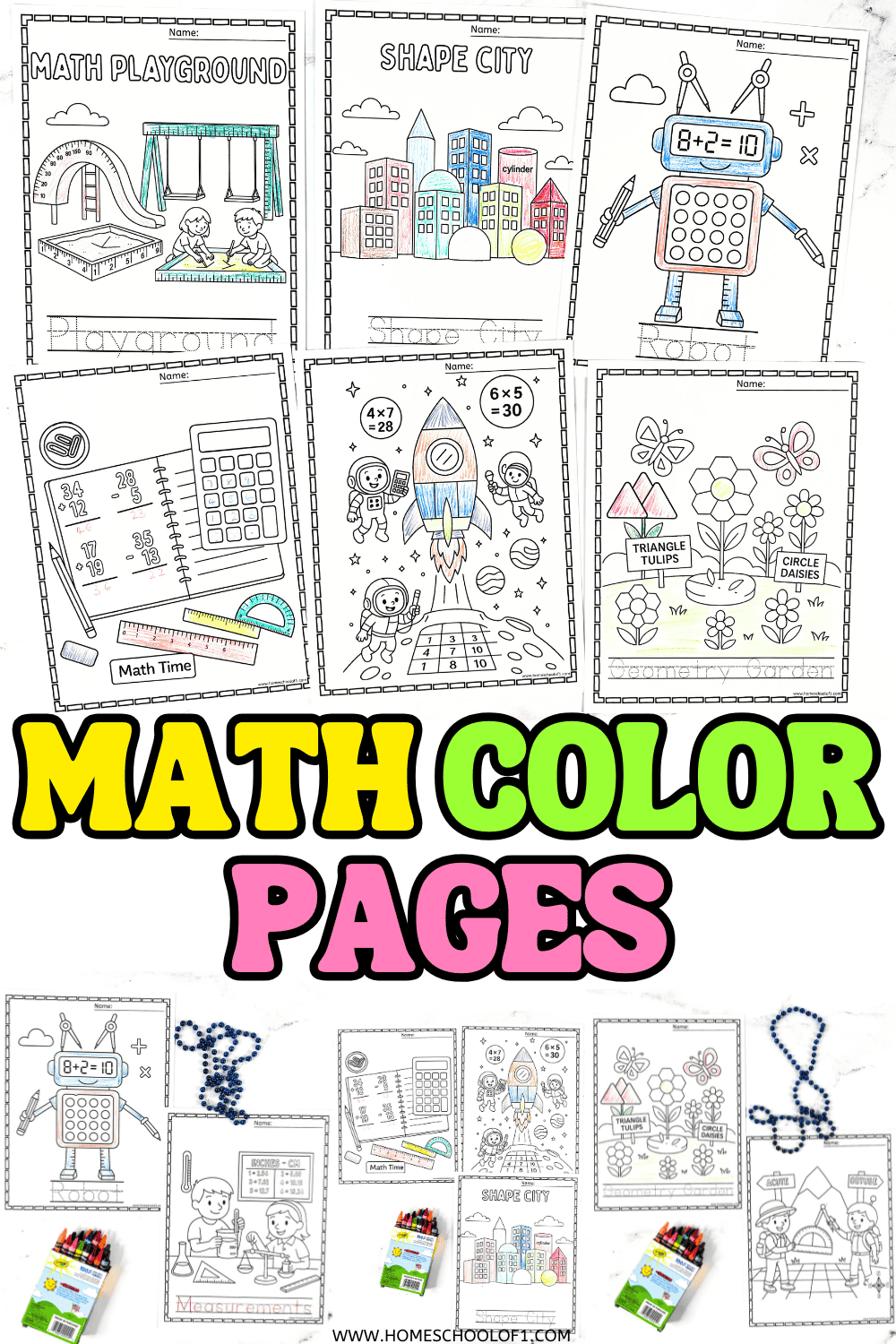 Free printable math color pages featuring Shape City, Math Playground, Calculator Robot, and Space Math Mission coloring sheets for kids.