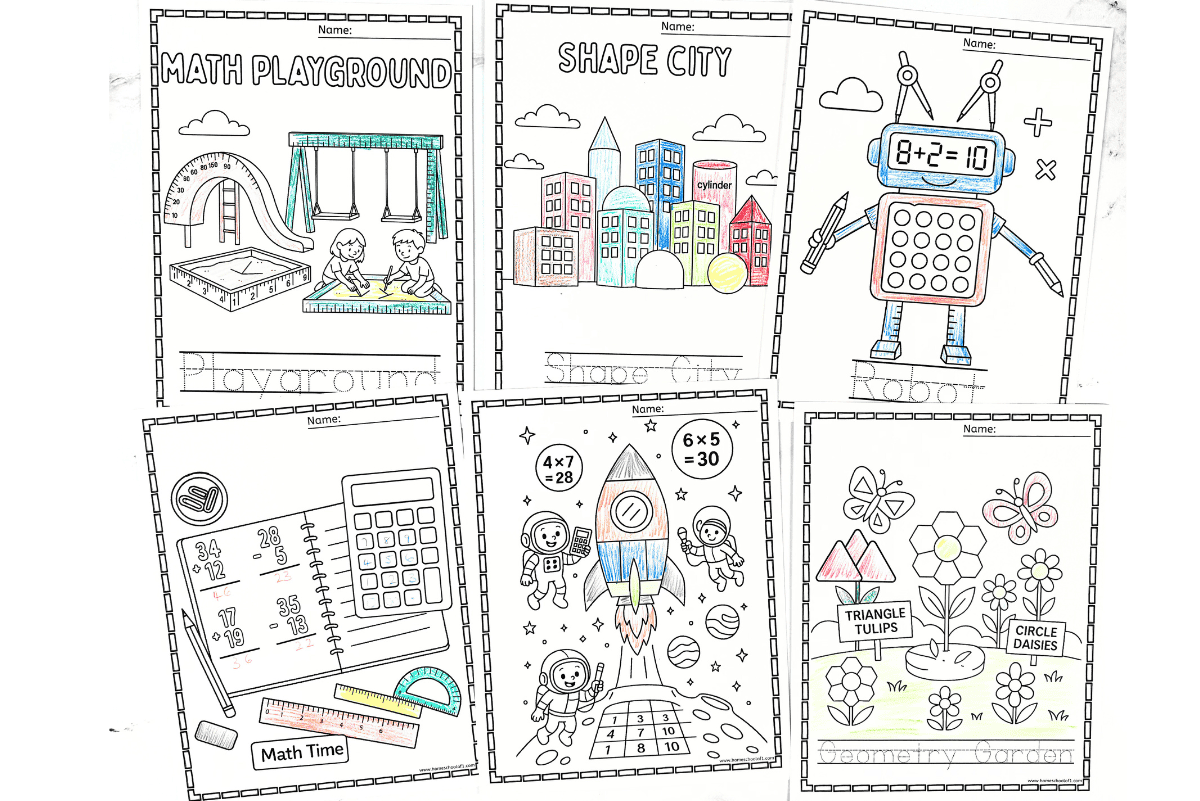 Set of free math coloring pages including Geometry Garden, Shape City, Math Playground, Space Math Mission, Calculator Robot, and Math Desk worksheets for kids.