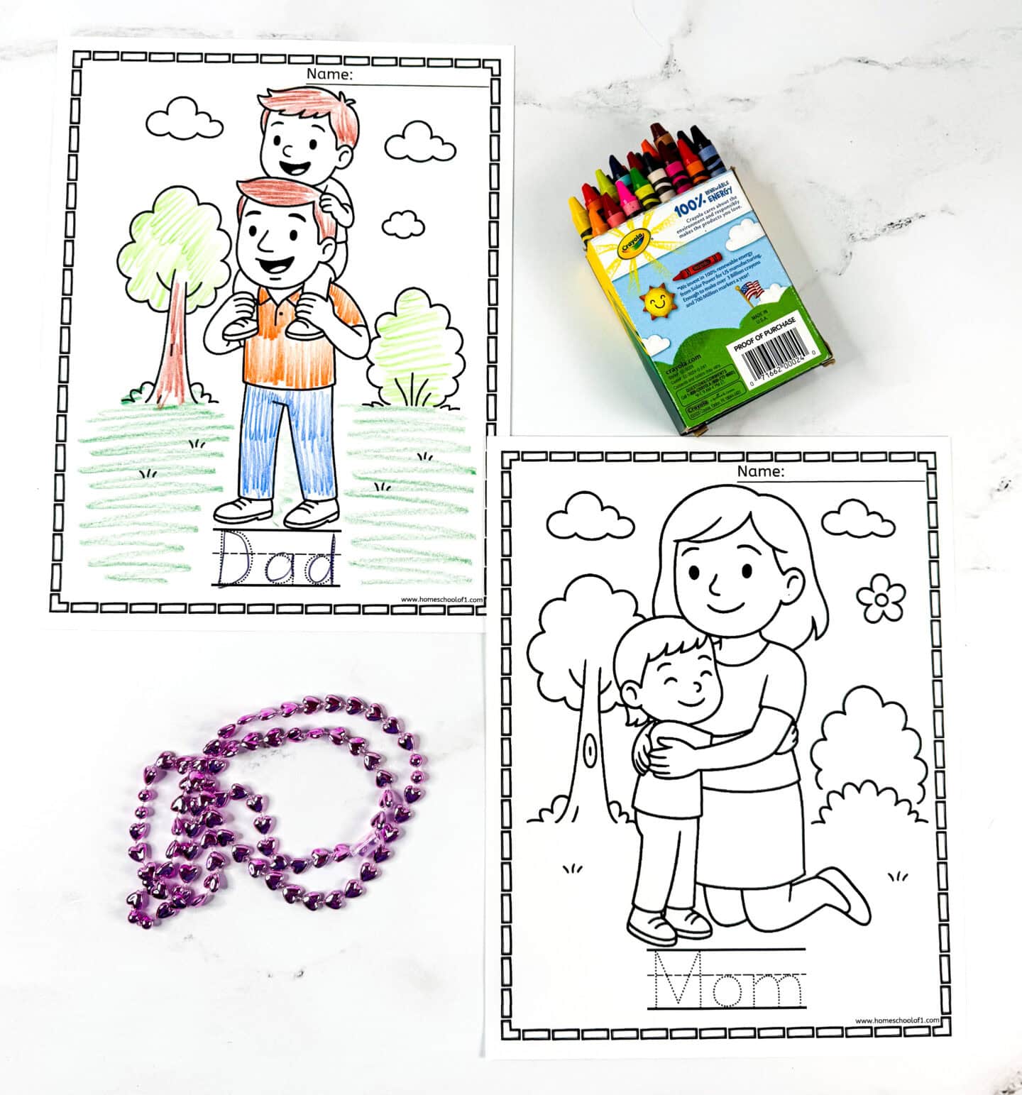 Printable mom and dad coloring pages for preschoolers, showing a dad giving a piggyback ride and a mom hugging her child, with crayons and beads nearby.