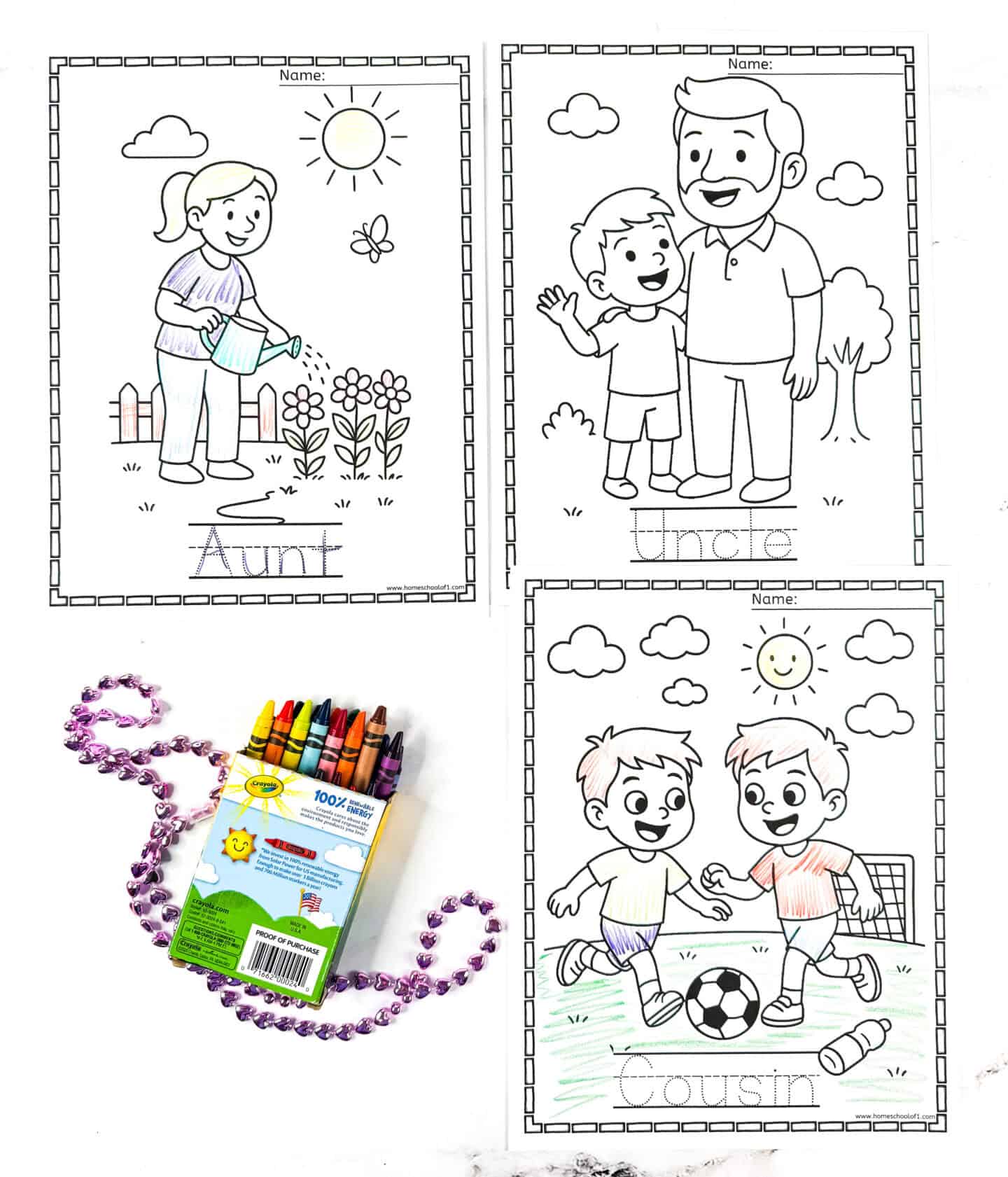 Printable family coloring sheets featuring Aunt, Uncle, and Cousin pages for kids, shown partially colored with crayons and a purple bead chain beside them.
